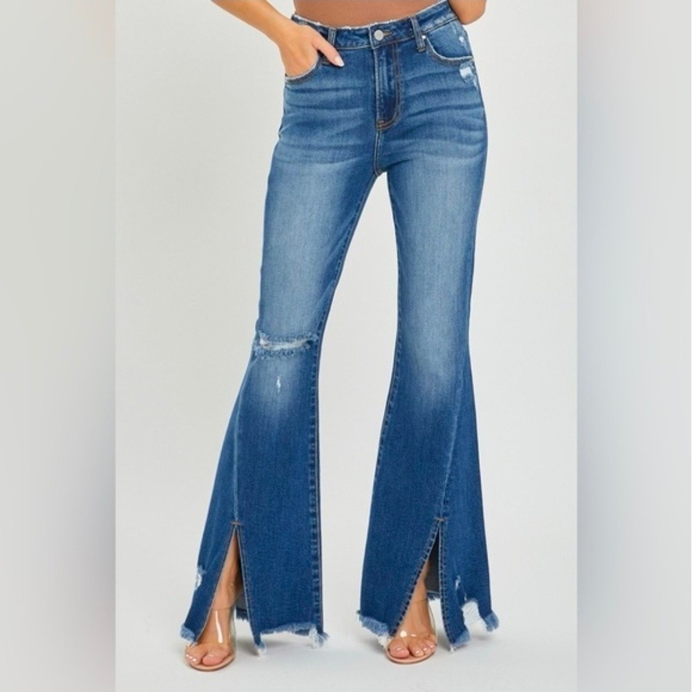 Risen Jeans Womens High Rise Flare Slit Hem Distressed Denim Blue RDP5544 Size 1